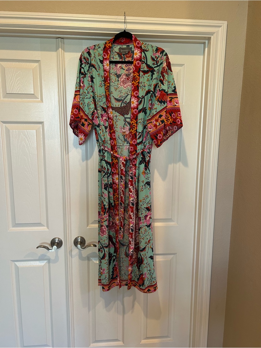 Anthropologie Floral Mint & Pink Kimono Robe, EUC, One size